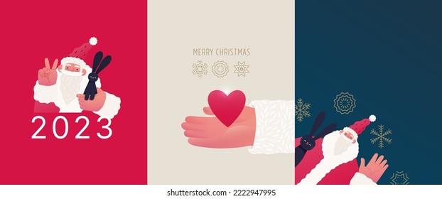 Christmas postcards with Santa Claus and Chinese year of the Rabbit zodiac sign - modern flat vector concept illustrations of the Christmas and New Year symbols, vertical postcards set