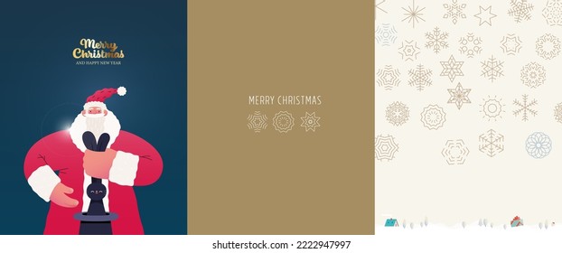 Postales navideñas con Santa Claus y el signo zodiaco del año chino del Conejo - moderno concepto de vectores planos ilustraciones de los símbolos de Navidad y Año Nuevo, juego de postales verticales