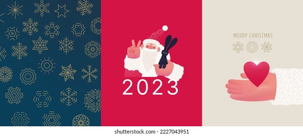 Christmas postcards with Santa Claus and Chinese year of the Rabbit zodiac sign - modern flat vector concept illustrations of the Christmas and New Year symbols, vertical postcards set