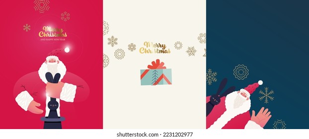 Christmas postcards with Santa Claus and Chinese year of the Rabbit zodiac sign - modern flat vector concept illustrations of the Christmas and New Year symbols, vertical postcards set