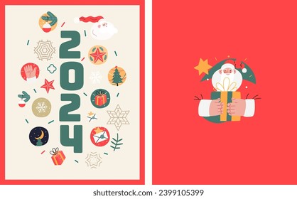 Christmas postcards with Santa Claus - modern flat vector concept illustrations of the Christmas and New Year symbols, vertical postcards set