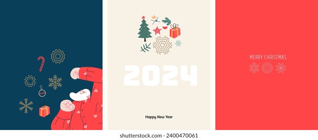 Christmas postcards with Santa Claus - modern flat vector concept illustrations of the Christmas and New Year symbols, vertical postcards set