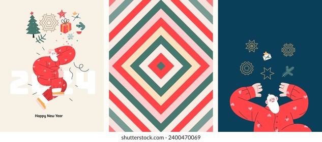 Christmas postcards with Santa Claus - modern flat vector concept illustrations of the Christmas and New Year symbols, vertical postcards set