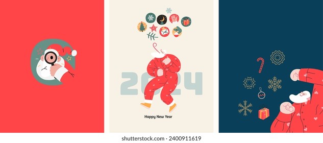 Christmas postcards with Santa Claus - modern flat vector concept illustrations of the Christmas and New Year symbols, vertical postcards set