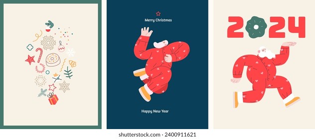 Christmas postcards with Santa Claus - modern flat vector concept illustrations of the Christmas and New Year symbols, vertical postcards set