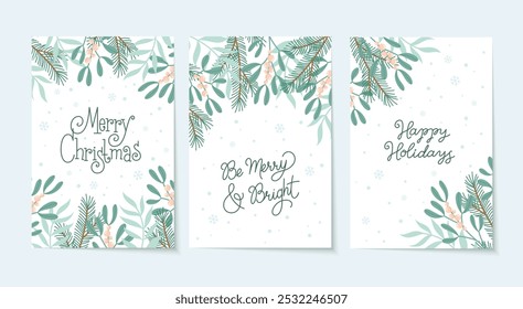 Christmas postcards set. Collection of botanical Christmas holiday greeting cards with winter plants. Flat vector illustration. Ready to print card designs