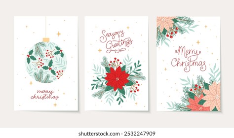 Christmas postcards set. Collection of botanical Christmas holiday greeting cards with winter plants and flowers. Flat vector illustration. Ready to print card designs