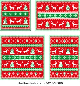 Christmas postcards set with deer, snow flack and tree. White pixel images with red and green background.