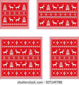 Christmas postcards set with deer, snow flack and tree. White pixel images with red background. Vector eps file.