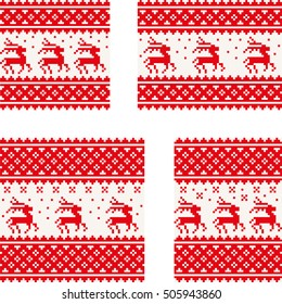 Christmas postcards set with deer, snowflake and tree. Red pixel images with light background. Vector eps file.