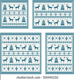 Christmas postcards set with deer, snowflake and tree. Blue pixel images with light background.