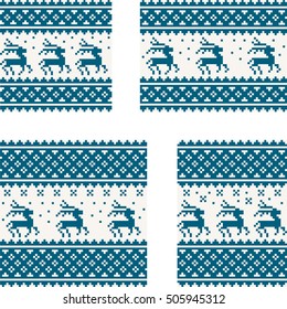 Christmas postcards set with deer, snowflake and tree. Blue pixel images with light background.