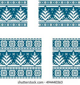 Christmas postcards set with snow flack and tree. White pixel images with blue background.
