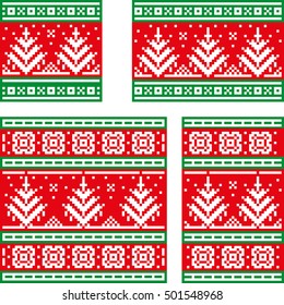 Christmas postcards set with snow flack and tree. White pixel images with red and green background.