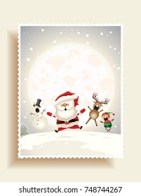 Christmas postcard-Santa Claus, Reindeer, Snowman and Elf jumping and singing Christmas carol on the north pole. Vector illustration.