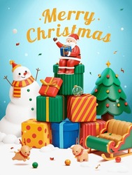 Christmas Poster. 3d Illustrated Santa Claus Sitting On Stack Of Presents. Snowman And Christmas Tree In The Back Reindeer Playing In The Front With Sleigh On Snowy Ground.