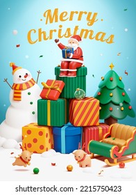 Christmas poster. 3d illustrated Santa Claus sitting on stack of presents. Snowman and Christmas tree in the back reindeer playing in the front with sleigh on snowy ground.