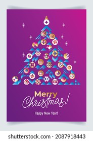 Christmas poster with absctract creative christmas tree made from triangles, golden balls, handwritten inscription. Festive luxury background. Flyer, nvitation, cover