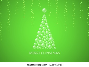 Christmas poster with abstract tree created by semi transparent bubbles, confetti and gradient background. Illustration with text: Merry Christmas.