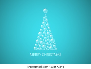 Christmas poster with abstract tree and gradient background. Illustration contains text: Merry Christmas. Christmas tree is created from semi transparent bubbles and one big on the top as a star.