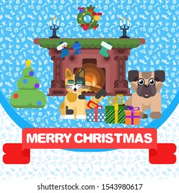 Christmas poster with animals and fireplace. holiday card.vector image