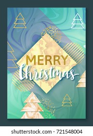Christmas poster or background, party invitation template with golden glitter, marble and metal foil texture, lettering, winter holidays celebration banner, trendy vector illustration