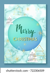 Christmas poster or background, party invitation template with golden glitter, marble and metal foil texture, lettering, winter holidays celebration banner, trendy vector illustration