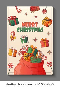 Christmas poster background with vector illustration of santa claus gift bag, presents, candies. Template for poster design, greeting card and flyer decoration. Merry Christmas, New Year concept.