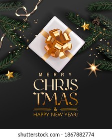 Christmas poster. Background Xmas design of sparkling lights garland, realistic gift box, stars and glitter gold. Christmas banner, greeting cards, headers, website. Stylish black pattern