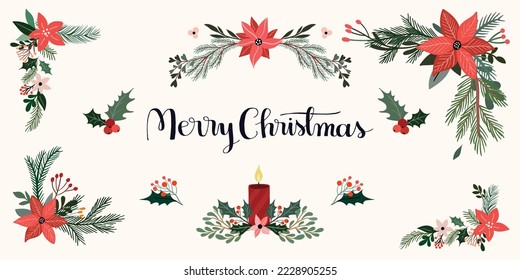 Christmas poster, banner, invitation, composition with floral decoration, borders, floral arrangements, seasonal flowers and plants, winter design. Hand drawn festive collection of elements