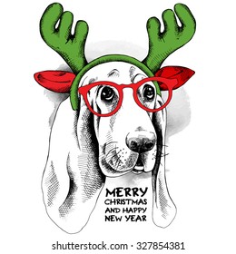 Christmas poster of a Basset Hound dog in reindeer antlers and glasses. Vector illustration.