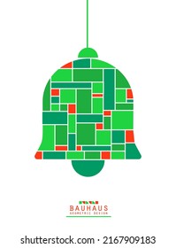 Christmas poster in bauhaus style. Bright Christmas bell on white background with mosaic grid pattern. 2d New Year flyer in red and green colour geometric shapes. Vector greeting card illustration