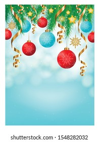 Christmas poster with blue blurred background spruce branches streamers and Christmas balls and garland in vector