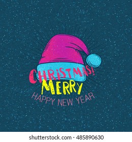 Christmas poster with a cap of Santa Claus. Vector Illustration.