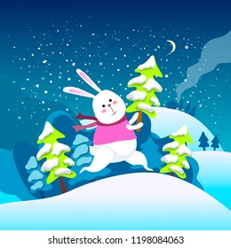 Christmas poster, card design.Cheerful bunny in winter clothes. Vector illustration.