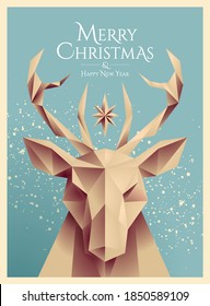 Christmas poster or card or flyer design template with retro styled low poly deer head and Merry Christmas and Happy New Year lettering on blue background. Vector illustration