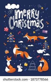 Christmas poster or card  with nordic decorative lettering in scandic style and cute foxes characters. Cool decorative Christmas winter design, great for any print options. 