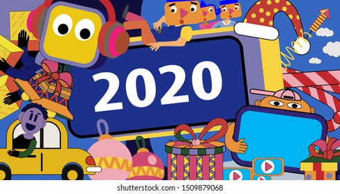 Christmas poster with cartoon characters for 2020. Vector banner