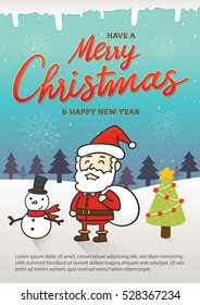 Christmas poster in cartoon or comic style with a blue sky and snowflakes background vector illustration.