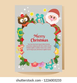 christmas poster with cartoon santa and owl