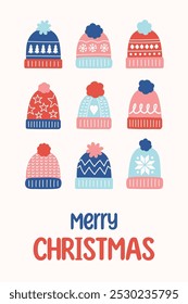 Christmas poster in cartoon style. Greeting card decorated with winter hats. Vector illustration