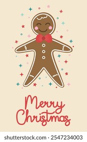 Christmas poster in cartoon style. Greeting card decorated with funny gingerbread cookie. Vector illustration
