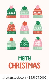 Christmas poster in cartoon style. Greeting card decorated with winter hats. Vector illustration