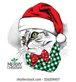 Christmas poster with cat portrait in red Santa's hat and green checkered neckerchief with bow. Vector illustration.