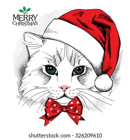 Christmas poster with cat portrait in red Santa's hat and bow. Vector illustration.