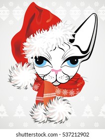 Christmas poster with cat portrait in red Santa's hat. 
