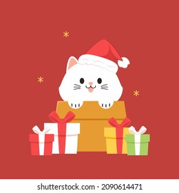 Christmas poster. Collection of Christmas cats, Merry Christmas illustrations of cute cats. Cute cat in box vector icon illustration.