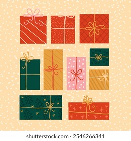 a Christmas poster with colorful gifts and snow. bright beautiful boxes with bows and patterns.