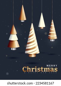Christmas poster concept. New Year and winter holidays, silver and gold trees on pendants, toys. Apartment decoration, greeting and invitation postcard design. Cartoon flat vector illustration