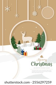 Christmas poster cover with reindeer in snow town, vector design, on beige color background 